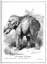 Lloyd George, retratado como un elefante, no presta atención a las críticas de la prensa, abril de 1919